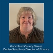 blue background with a picture of a woman text overlay Goochland County Names Denise Sandlin as Director of Finance