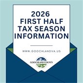 blue background with dark envelope, paper sticking out text overlay '2026 First Half Tax Season Information''