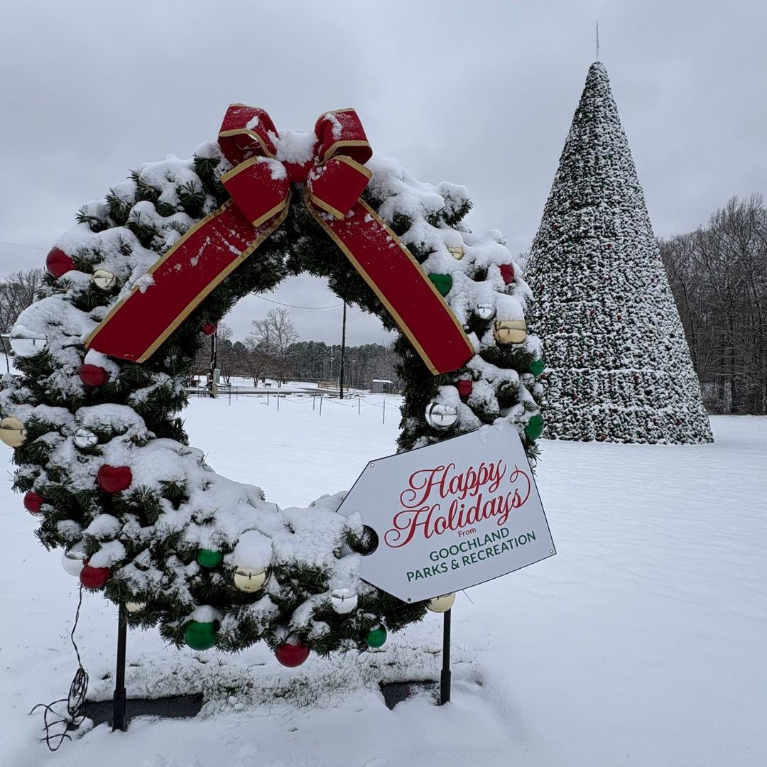 Goochland County Christmas Tree Lighting with giant snow-covered tree and wreath