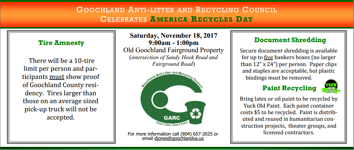Goochland Celebrates America Recycles Day - 11-18-17 Tire Amnesty