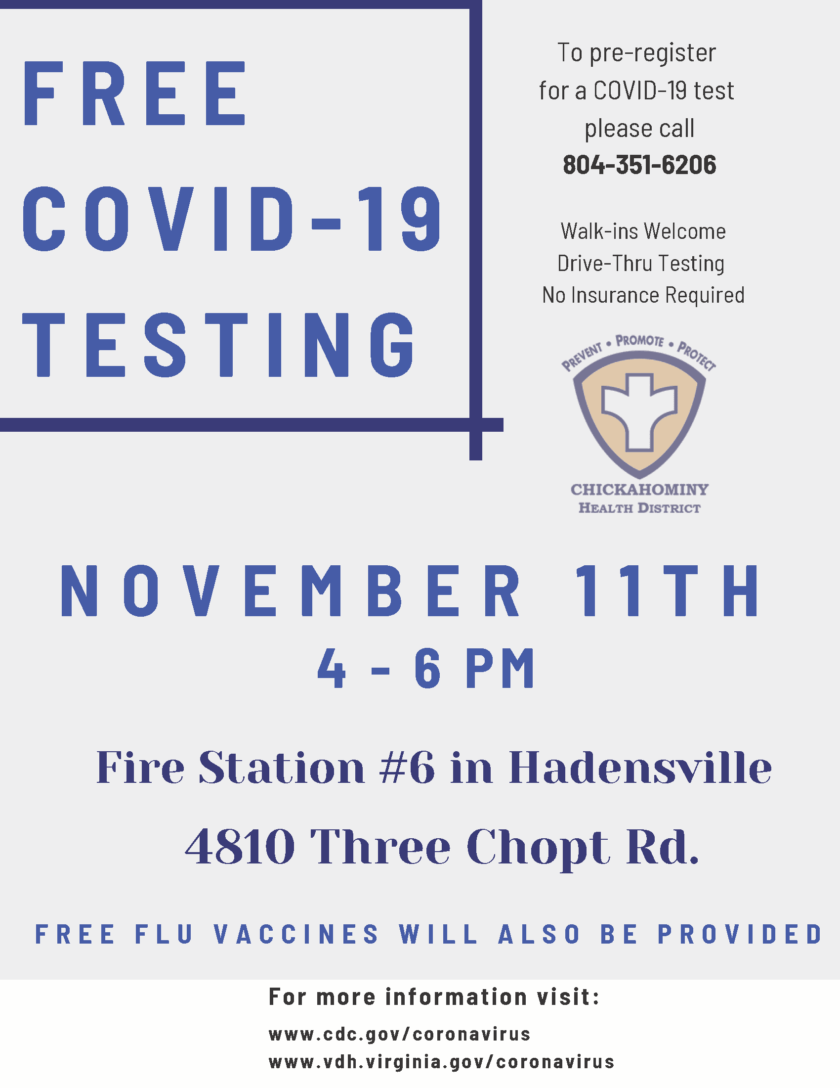 Goochland County - Free COVID-19 Testing and Flu Vaccine Clinic - Nov 11th Flyer