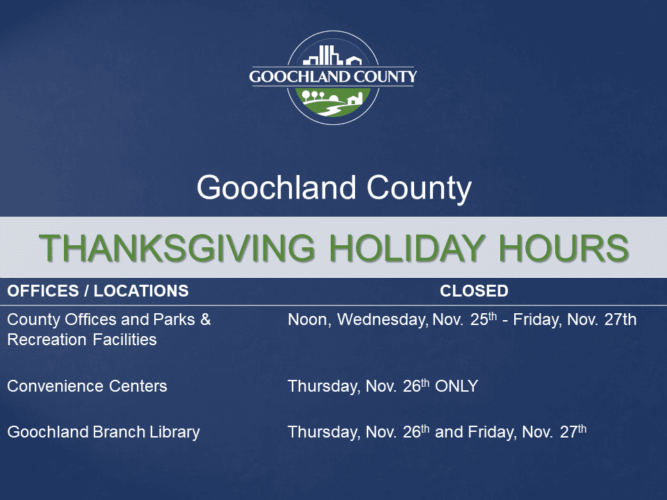 Goochland County - Thanksgiving 2020 Holiday Hours