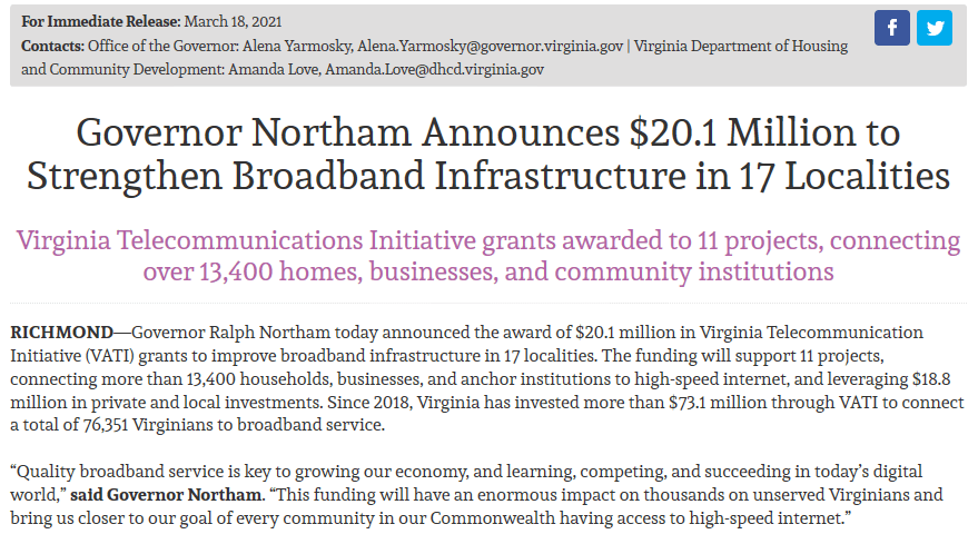 Governor Northam - 20.1M VATI Broadband Award 3-18-2021