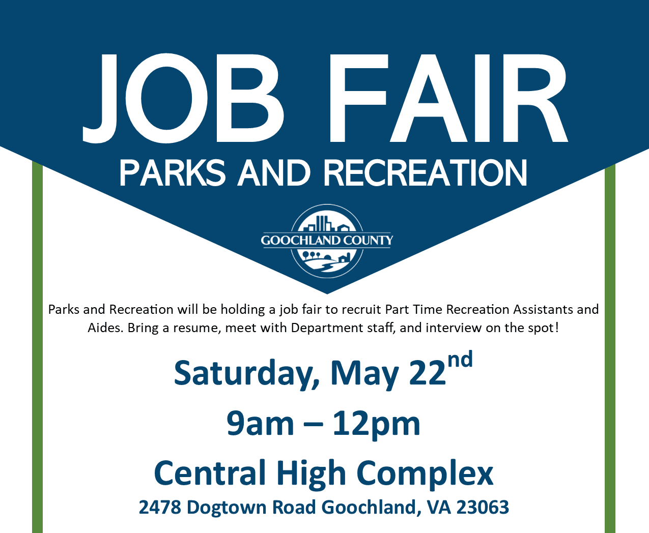 Goochland County Parks and Recreation Job Fair May 22 2021 Flyer