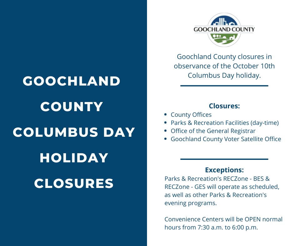 Goochland - Columbus Day 2022 Closures