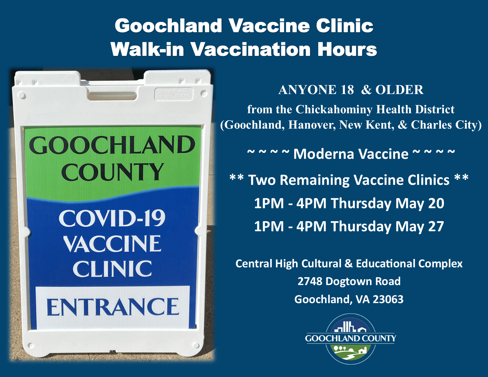 Goochland Vaccine Walk in Hours - May 2021 - Two Remaining Clinics