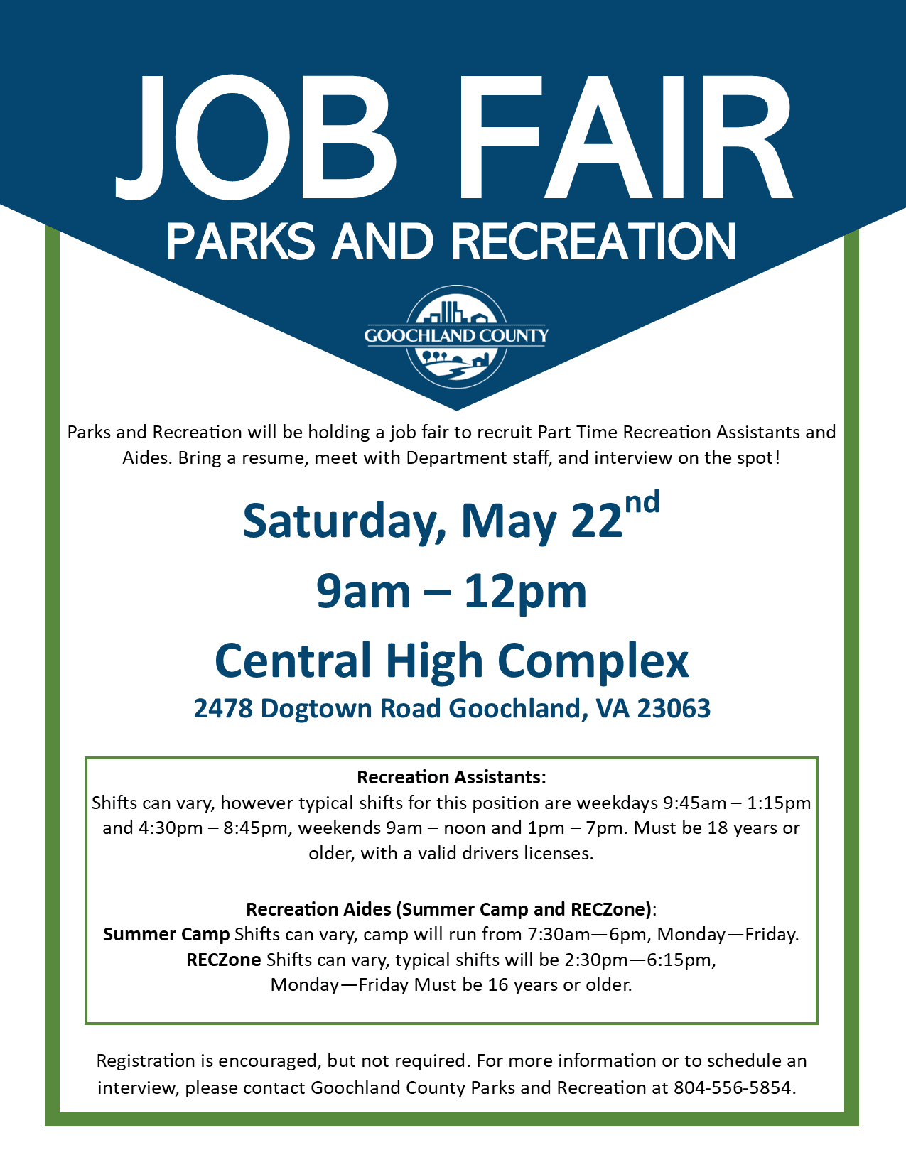 Goochland County Parks and Recreation Job Fair May 22 2021 Flyer