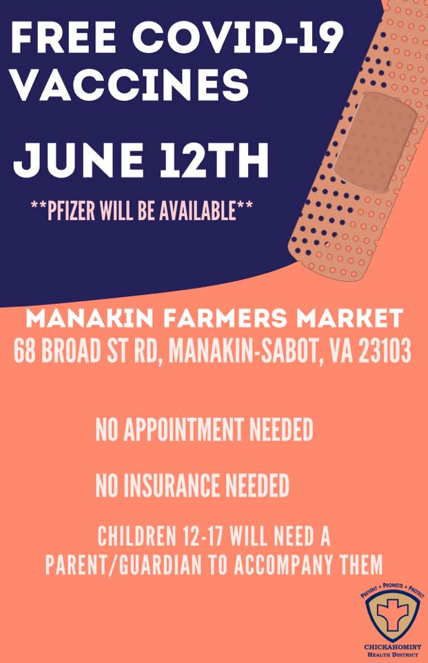 COVID19 Vaccine - Manakin Farmers Market - June 12th