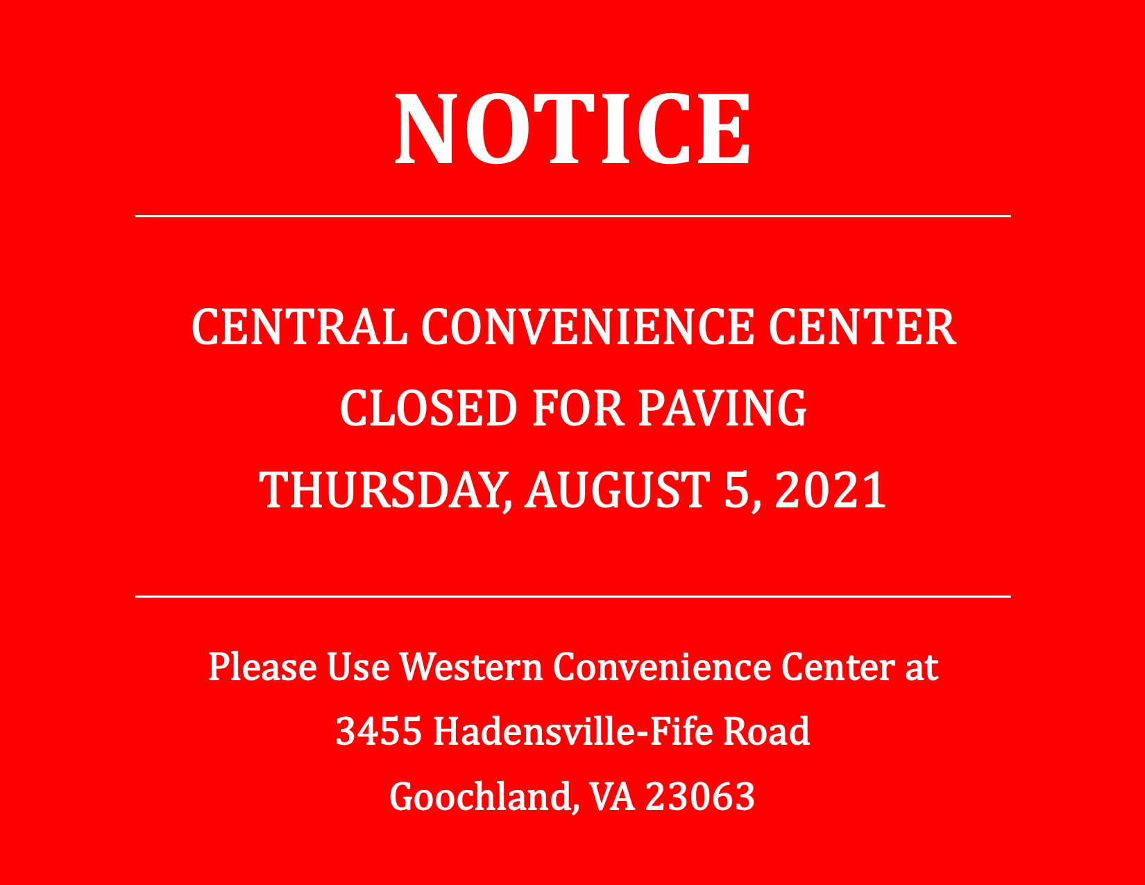Central Convenience Center Closure - August 5 2021