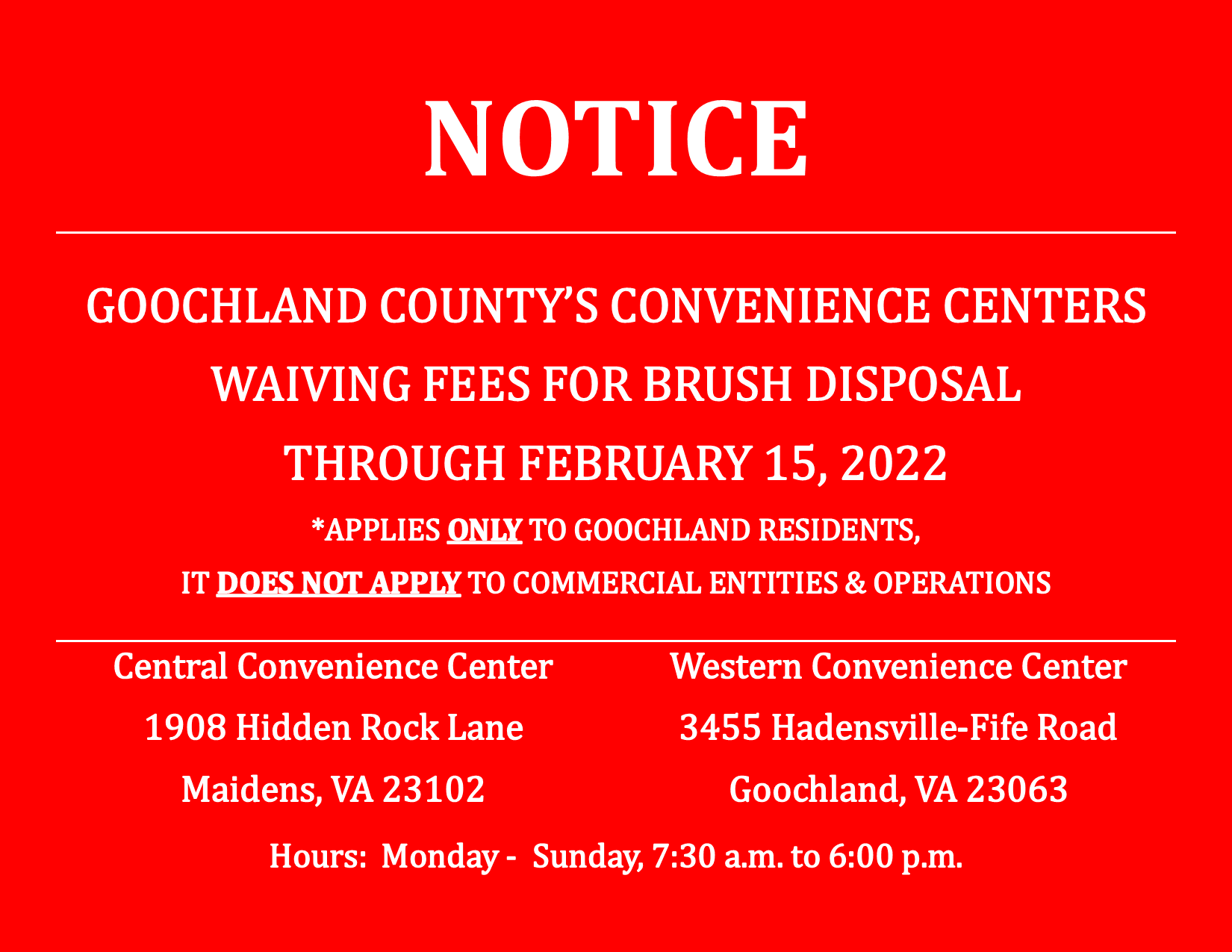 Convenience Centers - Waiving of Brush Disposal Fees - Through Feb 15th Updated