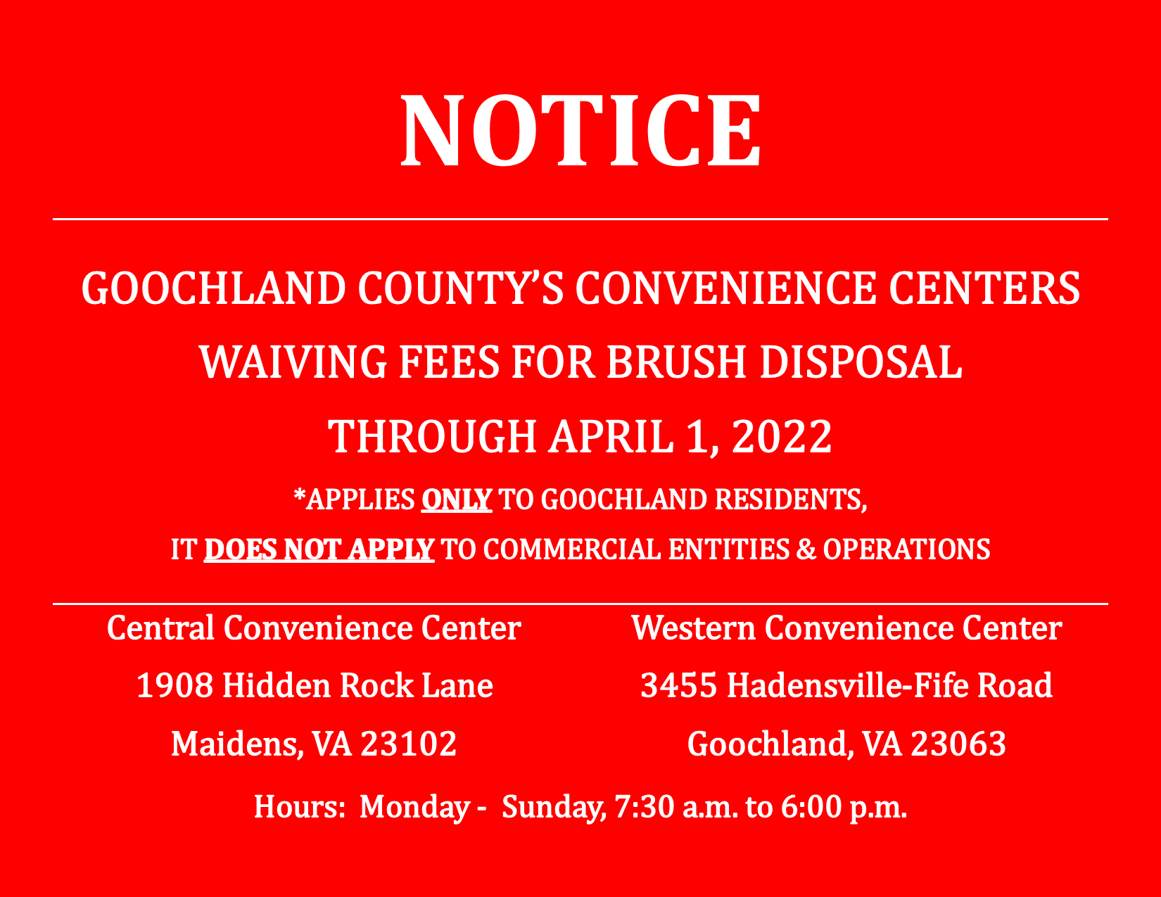 Convenience Centers - Waiving of Brush Disposal Fees - Extended to April 1 2022