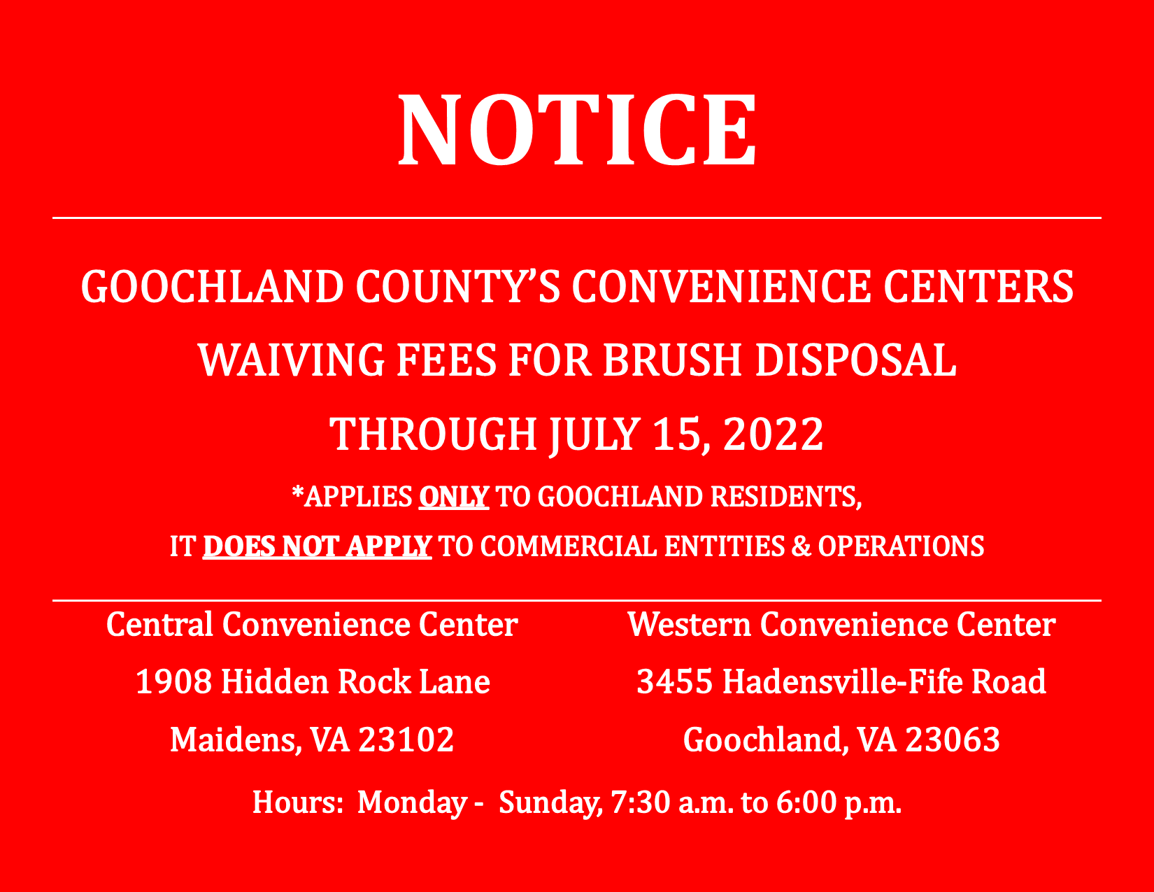 Convenience Centers - Waiving of Brush Disposal Fees - Through July 15 2022