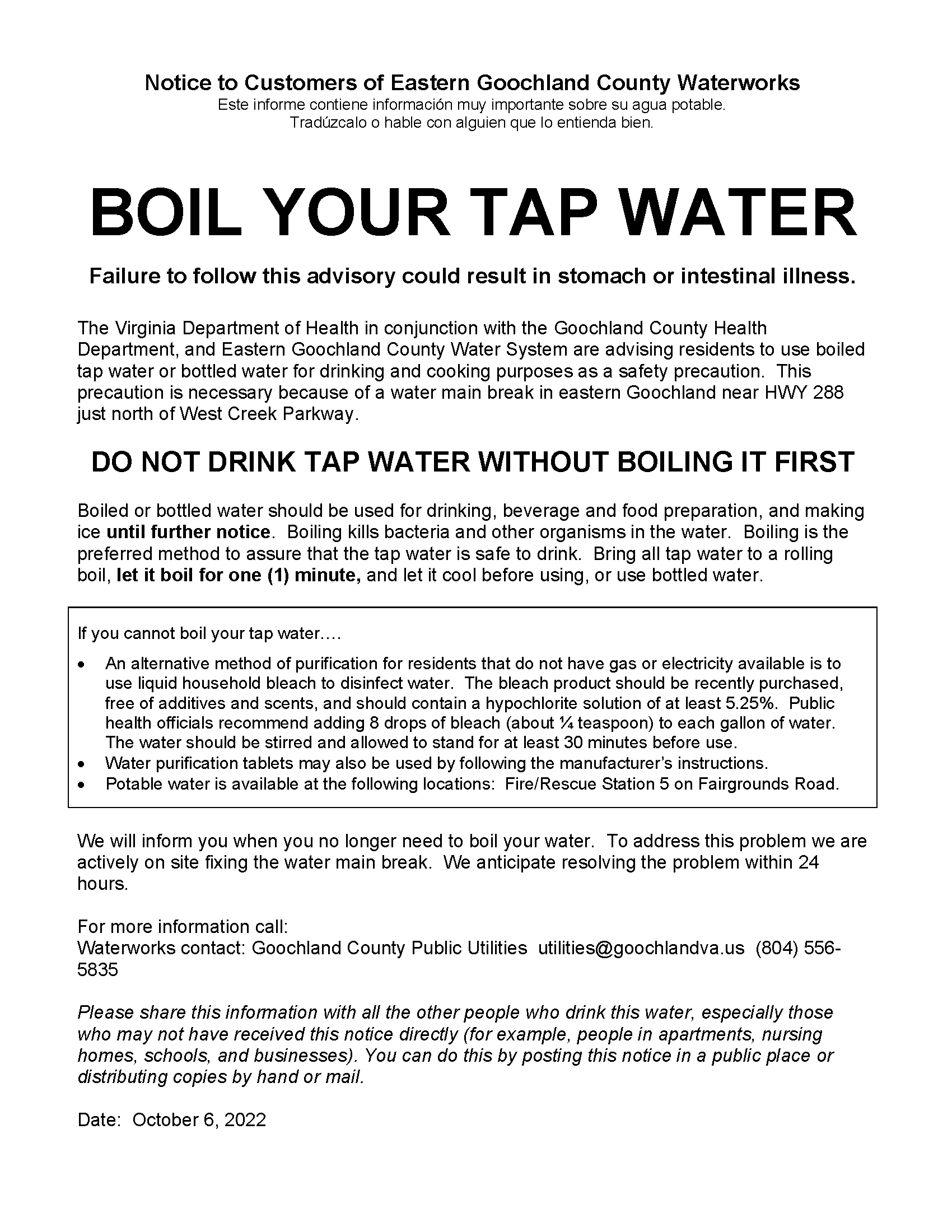 Boil Water Notice - Eastern Goochland Water Works - 10.06.22