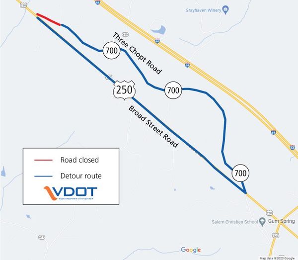 Three Chopt Road - Rt 700 Detour for Pipe Replacement - January 10 - 11 2023