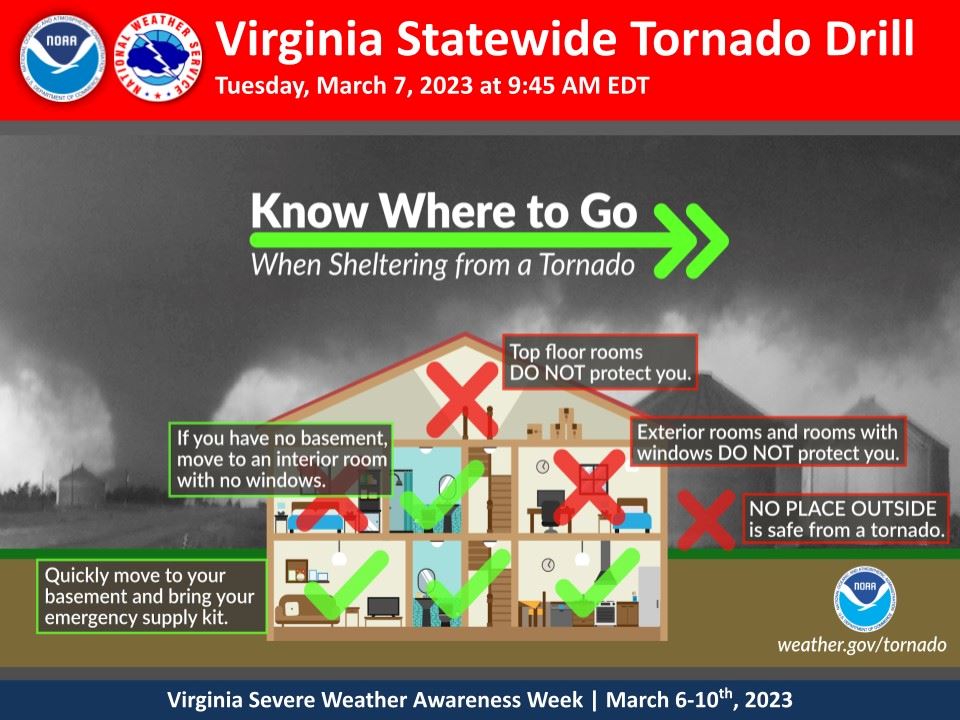NWS - VA Statewide Tornado Drill - Know Where to Go - March 7 2023