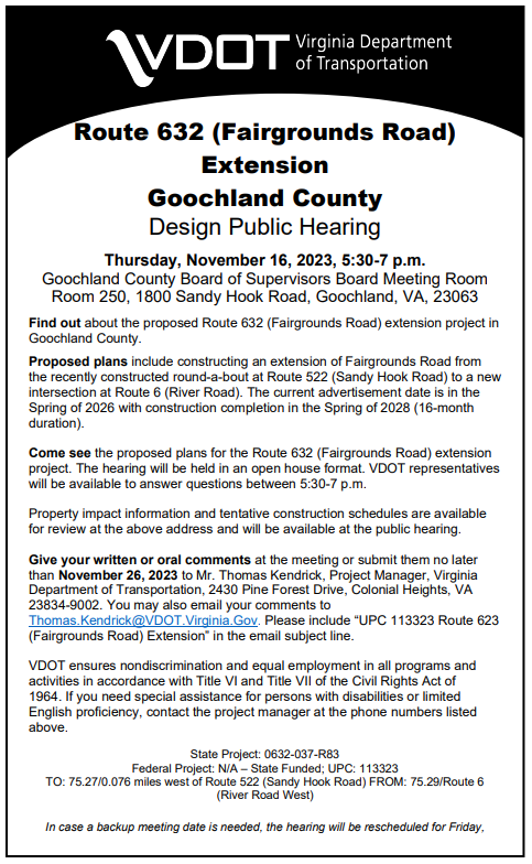 VDOT Design Public Hearing - Public Notice - Fairground Road Extension